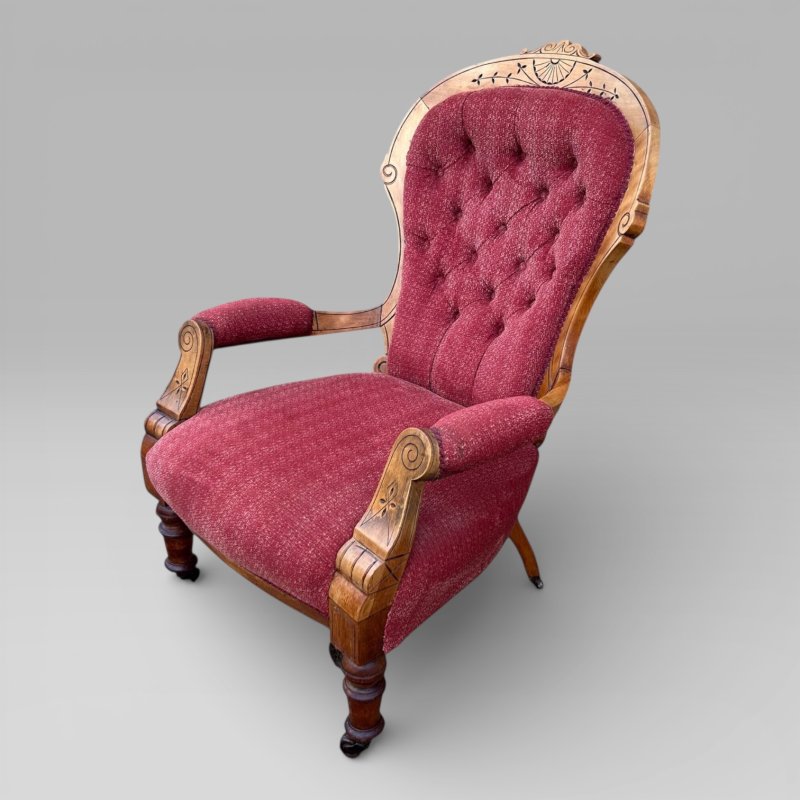 Antique Victorian Satin Burch Red Button Back Armchair with Turned Legs